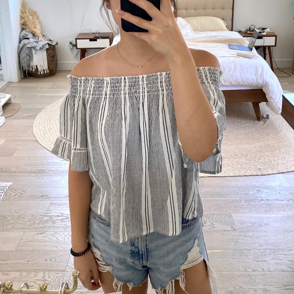 Gray white stripe off the shoulder top